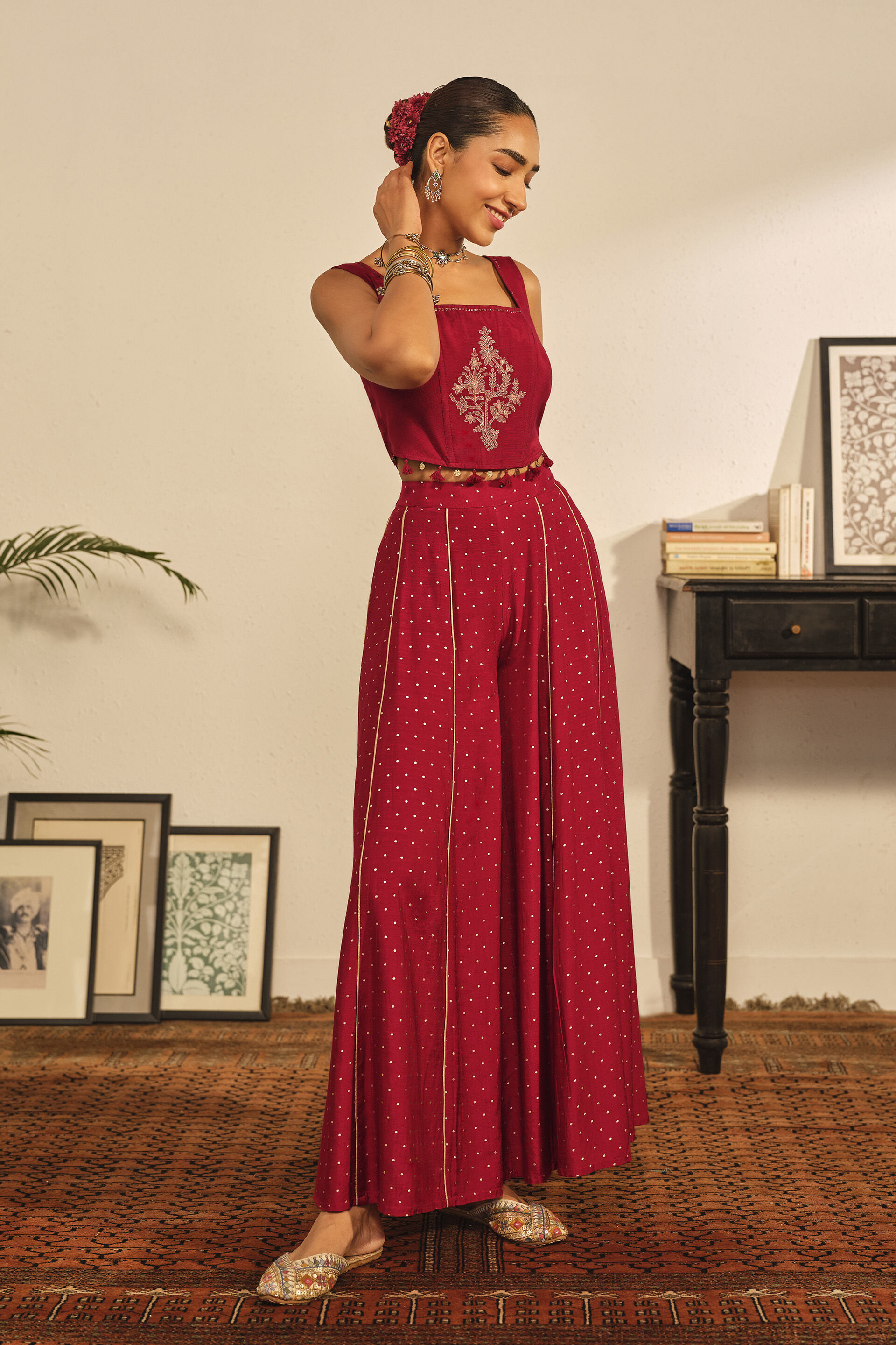 Embroidered Crop Top in Red, Red, image 5